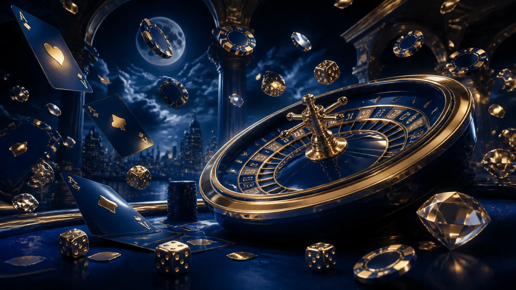 Glossy 3D render of a luxurious casino scene with poker chips and neon elements, reflecting a night-time theme.